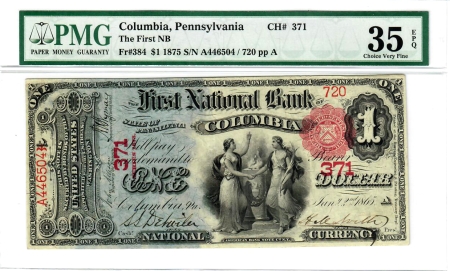 Large National Currency 1875 $1 NATIONAL CURRENCY, FNB COLUMBIA, PA, FR-384, PMG CH VF 35 EPQ, GORGEOUS!