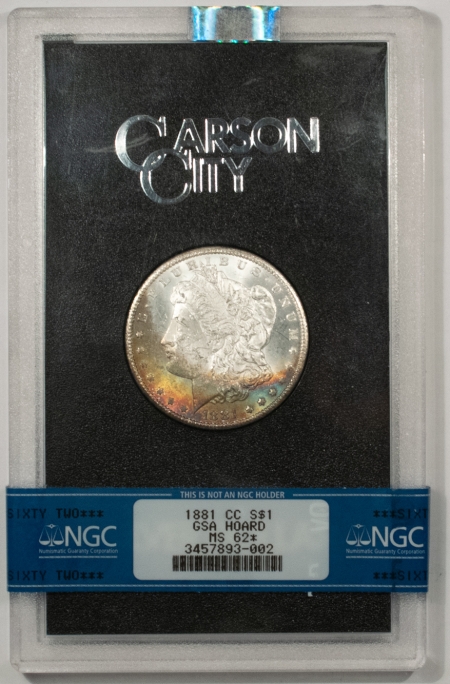 Morgan Dollars 1881-CC MORGAN DOLLAR GSA – NGC MS-62 STAR, WITH BOX/CARD! PRETTY RAINBOW COLOR!