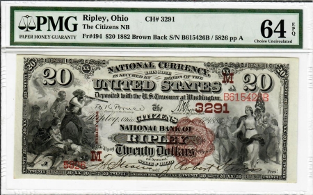 Large National Currency 1882 $20 RIPLEY, OH NATIONAL, CH #3291, PMG 64 EPQ-BRIGHT & GORGEOUS-FRESH PAPER