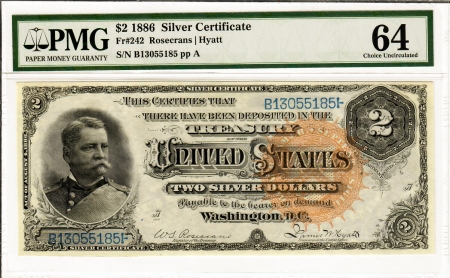 Large Silver Certificates 1886 $2 SILVER CERTIFICATE, FR-242, PMG CHOICE UNCIRCULATED 64-BRIGHT & GORGEOUS