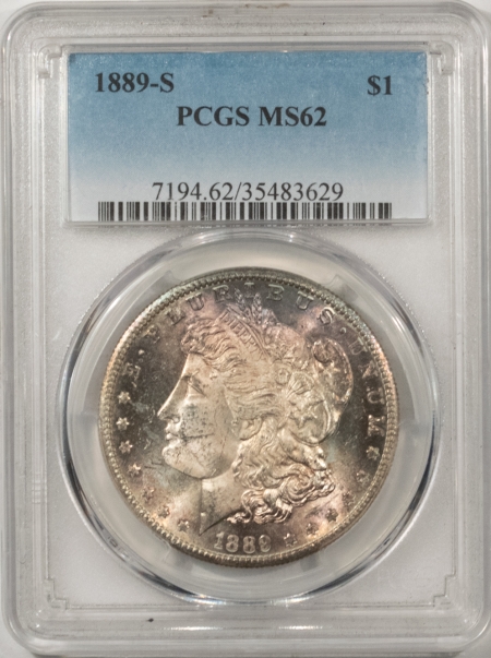 Morgan Dollars 1889-S MORGAN DOLLAR – PCGS MS-62, PRETTY REDFIELD COLORS!