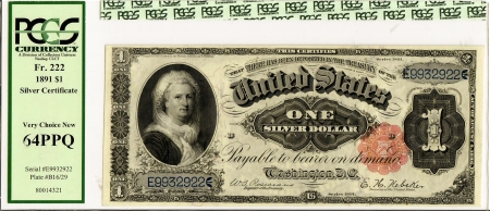 1891 $1 SILVER CERTIFICATE, FR-222, PCGS VERY CHOICE 64 PPQ-FRESH, BRIGHT COLOR