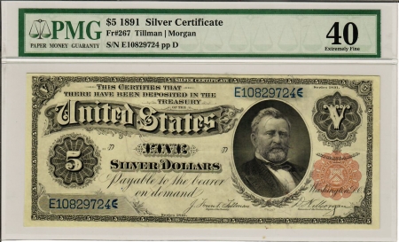 Large Silver Certificates 1891 $5 SILVER CERTIFICATE, FR-267, PMG EF-40; BRIGHT & SUPER ATTRACTIVE NOTE