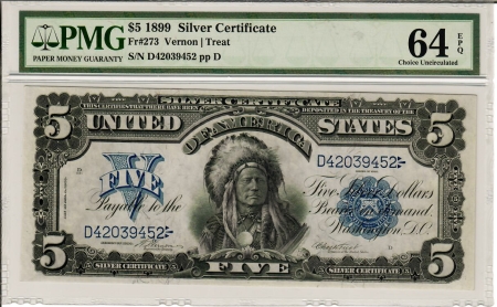Large Silver Certificates 1899 $5 “CHIEF” SILVER CERTIFICATE, FR-273, PMG CH UNC 64 EPQ-A FRESH BEAUTY!
