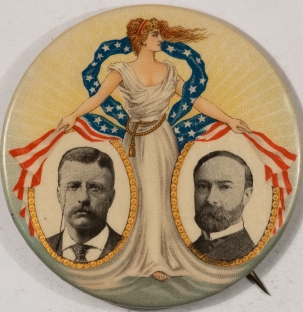 Post-1920 1904 TEDDY ROOSEVELT JUGATE BUTTON, 2 1/8″ W/ BACKPAPER, SCARCE/GRAPHIC, NR-MINT