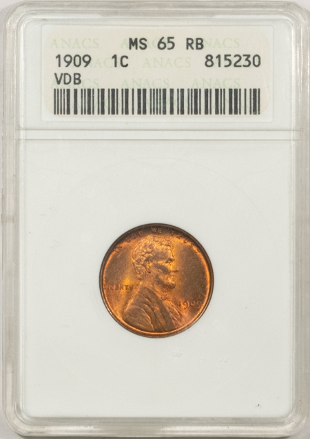 Lincoln Cents (Wheat) 1909 VDB LINCOLN CENT – ANACS MS-65 RB, PRETTY!