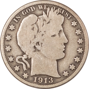 Barber Halves 1913 BARBER HALF DOLLAR, PLEASING CIRCULATED EXAMPLE – ONLY 188,000 MINTAGE!