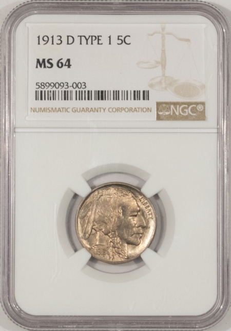Buffalo Nickels 1913-D TY I BUFFALO NICKEL – NGC MS-64, PREMIUM QUALITY!