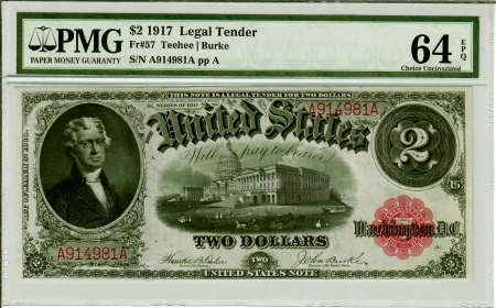 Large U.S. Notes 1917 $2 LEGAL TENDER, FR-57, PMG CHOICE UNC-64 EPQ, BRIGHT COLORS & SUPER FRESH!
