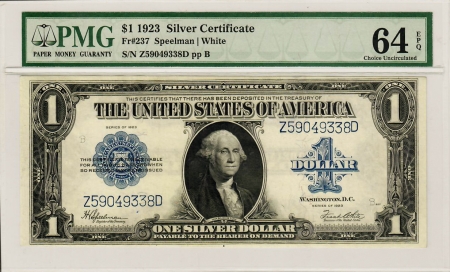 Large Silver Certificates 1923 $1 SILVER CERTIFICATE, FR-237, PMG CHOICE UNC 64 EPQ-LOOKS GEM TO US!