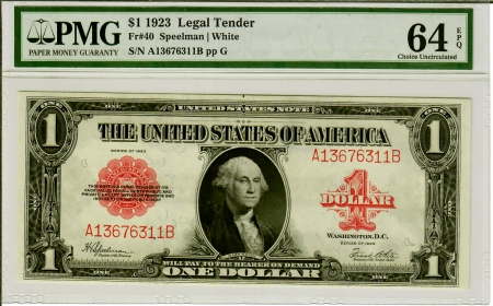 Large U.S. Notes 1923 $1 RED SEAL UNITED STATES NOTE, FR-40, PMG CH UNC-64 EPQ; FRESH & PRETTY!