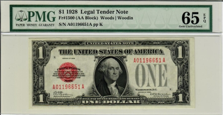 Small National Currency 1928 $1 LEGAL TENDER NOTE, RED SEAL, FR-1500, PMG GEM UNCIRCULATED 65 EPQ