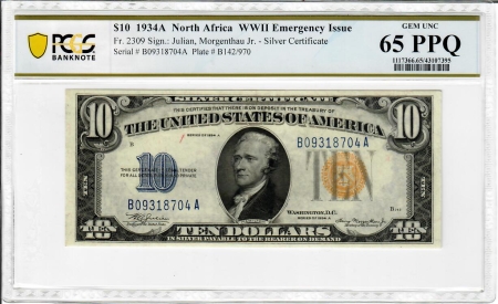 World War II Emergency Notes 1934-A $10 SILVER CERTIFICATE, NORTH AFRICA, PCGS GEM-65 PPQ; COLOR & EMBOSSING!