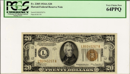 World War II Emergency Notes 1934-A $20 FEDERAL RESERVE NOTE, HAWAII, FR-2305, PCGS CHOICE NEW 64 PPQ