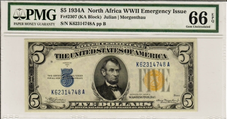 World War II Emergency Notes 1934-A $5 NORTH AFRICA SILVER WWII EMERGENCY ISSUE, FR-2307 PMG GEM UNC 66 EPQ