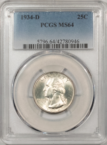 New Certified Coins 1934-D WASHINGTON QUARTER – PCGS MS-64, PREMIUM QUALITY!