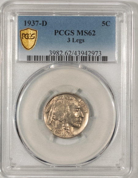 Buffalo Nickels 1937-D BUFFALO NICKEL, 3 LEGS – PCGS MS-62 BRILLIANT & MARK-FREE, KEY DATE!