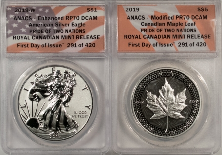 New Certified Coins 2019-W $1 ASE & 2019 $5 MAPLE LEAF – PRIDE OF 2 NATIONS – ANACS RP70/PR70