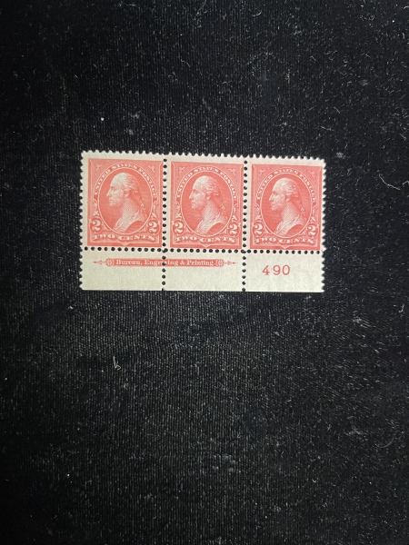 U.S. Stamps SCOTT #267 2c CARMINE, FRESH PLATE # STRIP OF 3, CENTER HINGED-OTHERS NH-CAT $44