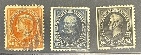 U.S. Stamps SCOTT #274-276, 15c BLUE, 30c ORANGE & $1 BLACK TY II, USED & FAULTY-CAT $152+