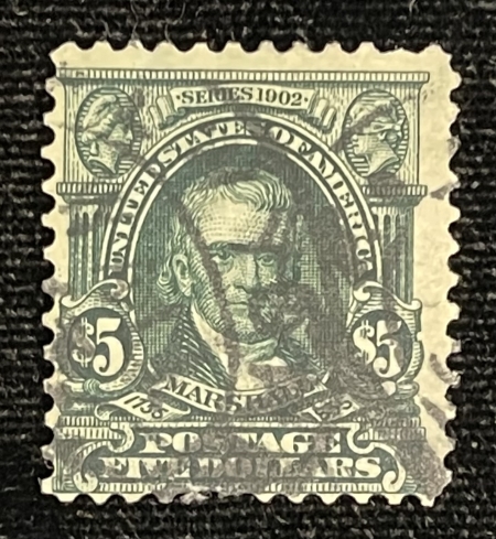 U.S. Stamps SCOTT #313 $5 GREEN, USED, FINE, TOTALLY SOUND, REGISTRY CANCEL, SCARCE-CAT $675