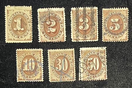 U.S. Stamps SCOTT #J-1 TO J-7 1879 POSTAGE DUES, USED, AVERAGE+ W/ SMALL FAULTS-CATALOG $340