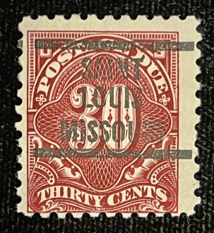 U.S. Stamps SCOTT #J-57 30c POSTAGE DUE, CARMINE-LAKE, ST LOUIS PRE-CANCEL, MOG-H, CAT $225