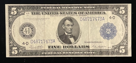 Large Federal Reserve Notes 1914 $5 FEDERAL RESERVE NOTE, CLEVELAND, FR-859a, CHOICE VF; BRIGHT & FRESH!