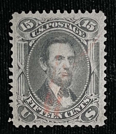U.S. Stamps SCOTT #91 15c BLACK, E GRILL, SMALL FAULTS, APPEARS VF, RED CANCEL-CAT $725