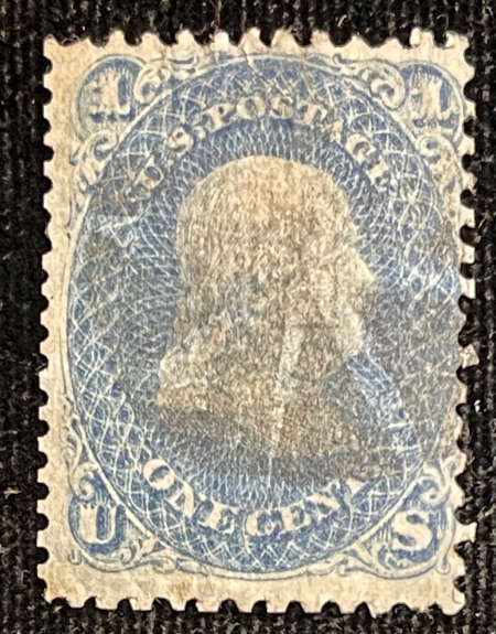 U.S. Stamps SCOTT #92 1c BLUE, F GRILL, USED/FAULTY, 4mm TEAR @ TOP, CREASES, CATALOG $425