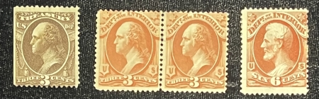 U.S. Stamps SCOTT O-98 PAIR, O-99, O-109, 3c MNG, 3c PAIR MDOG, 6c MDOG PULLED PERF-CAT $110