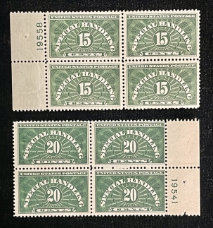 Special Handling Stamps SCOTT #QE2a & QE3a BLOCKS OF 4 W/ PLATE #, 15c & 20c GREEN, MOGNH, FRESH-CAT $50