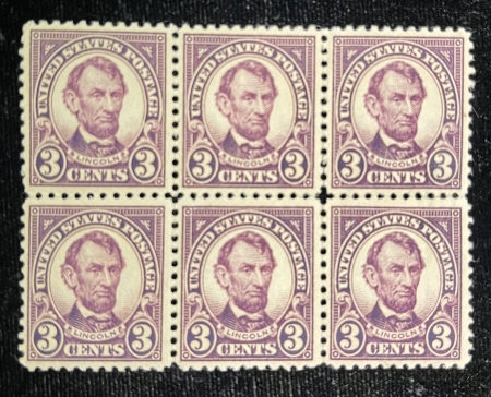 U.S. Stamps SCOTT #555 3c VIOLET, BLOCK OF 6, MOG-NH, VF CENTERING, CAT $165
