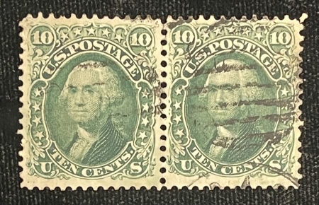 U.S. Stamps SCOTT #68 PAIR, 10c, GREEN, USED, ABOUT VF, (LEFT STAMP CHOICE) – CAT $115