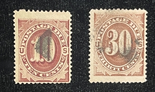 U.S. Stamps SCOTT #J-19 & 20, 10c & 30c, RED BROWN, USED, AVERAGE SOUND – CAT $105