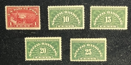 Special Handling Stamps SCOTT #QE1-E4 & Q-1, 1c 10c 15c 20c 25c, GREEN, MOG, NEVER HINGED – CAT $66.25