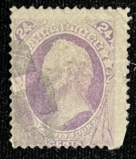 U.S. Stamps SCOTT #153 24c PURPLE, USED, AVG CENTERING, CORNER CR, LR SHORT PERFS-CAT $210