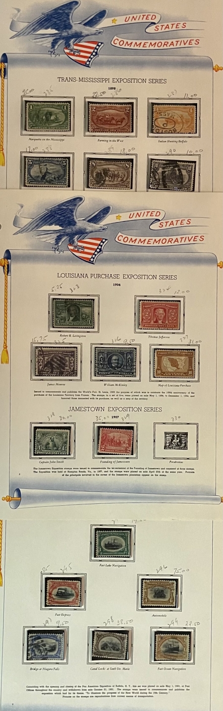 U.S. Stamps SCOTT #285-329 SELECTION OF EARLY COMMEMS, USED IN MOUNTS ON ACE PAGES-CAT $344+