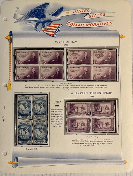 U.S. Stamps 1928-1935 COMMEMORATIVES/FARLEYS, SCOTT #649-771, BLOCKS OF 4-MOGNH ON ALBUM PGS