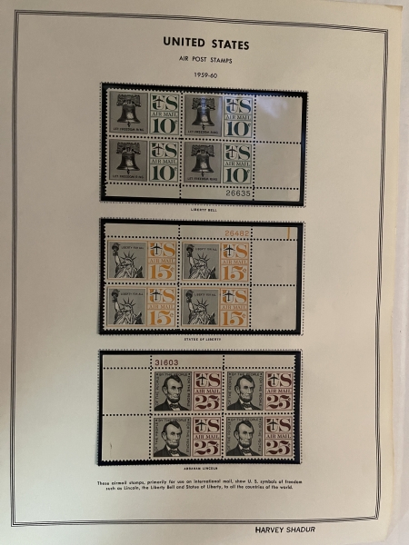 U.S. Stamps COMMEMORATIVE/DEFINITIVE/AIRMAIL PLATE BLOCKS, 1940s-50s, 11 PGS-MOGNH-CAT $150+