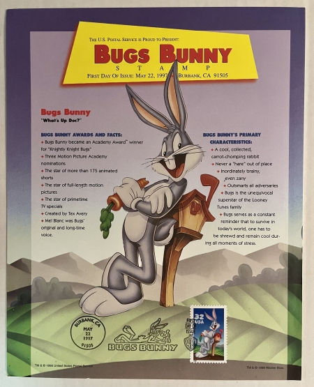 U.S. Stamps POP CULTURE LOT; BUGS, DAFFY & ELMER SHEETS-NO DIE CUT, BUGS FDC & MARILYN FOLIO