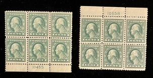 U.S. Stamps SCOTT #498 1c GREEN, PLATE BLOCKS (2), MOGNH, P.O. FRESH & VF+, CAT $70