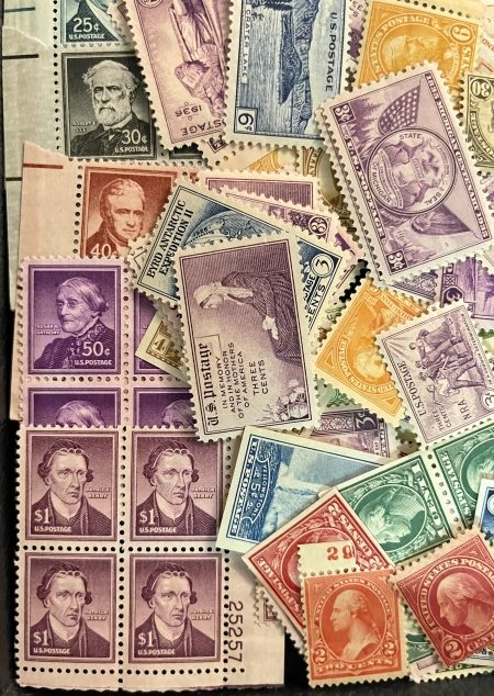 U.S. Stamps 1930s-40s (SOME EARLIER & LATER) LOT OF U.S. SINGLES, PLATE BLOCKS, MOG-CAT $400