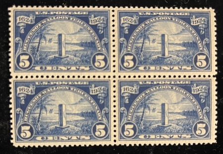 U.S. Stamps SCOTT #606 5c BLUE HUGUENOT, BLOCK OF 4, MOG-NH, PO FRESH, PRETTY & VF-CAT $110