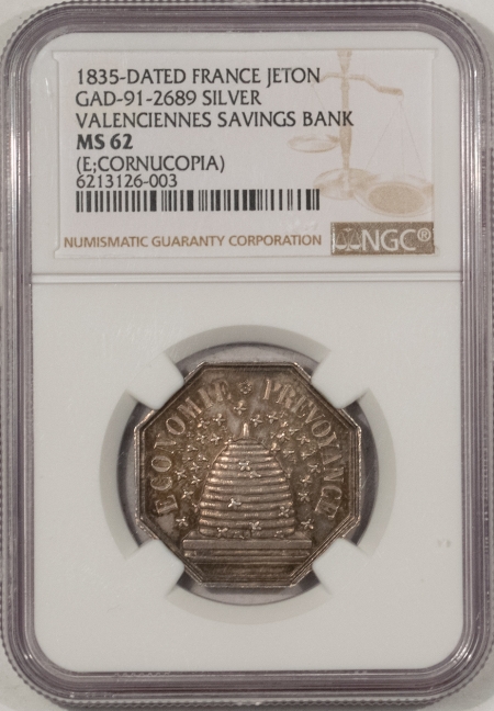 CAC Approved Coins 1835 DATED FRANCE SILVER JETON VALENCIENNES SAVINGS BANK TOKEN NGC MS-62 BEEHIVE