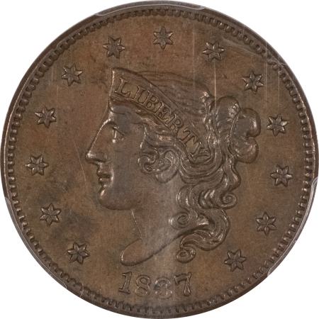 Coronet Head Large Cents 1837 LARGE CENT CENT PLAIN CORDS, MEDIUM LETTERS, PCGS AU-50, CHOCOLATE BROWN