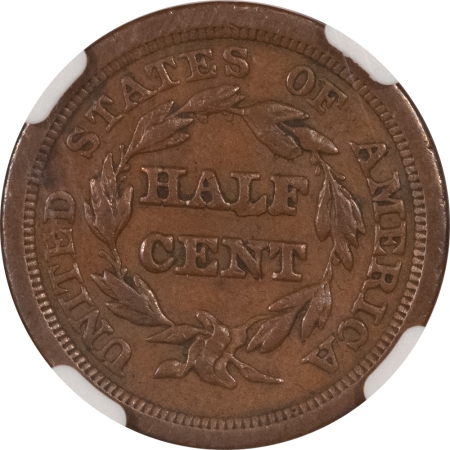 New Store Items 1849 LARGE DATE, BRAIDED HAIR HALF CENT, C-1 – NGC AU-53 BN