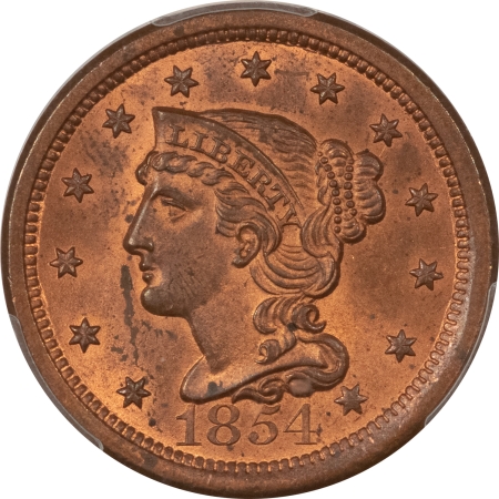 Braided Hair Large Cents 1854 BRAIDED HAIR LARGE CENT, NEWCOMB 26 – PCGS MS-64 RB, CAC APPROVED!