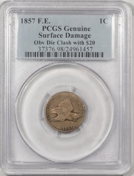 New Store Items 1857 FLYING EAGLE CENT, ERROR, OBV DIE CLASH W/ $20 LIBERTY PCGS GENUINE, RARE!