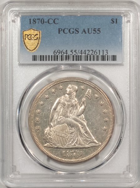 Liberty Seated Dollars 1870-CC SEATED LIBERTY DOLLAR – PCGS AU-55, SEMI PL, GORGEOUS!